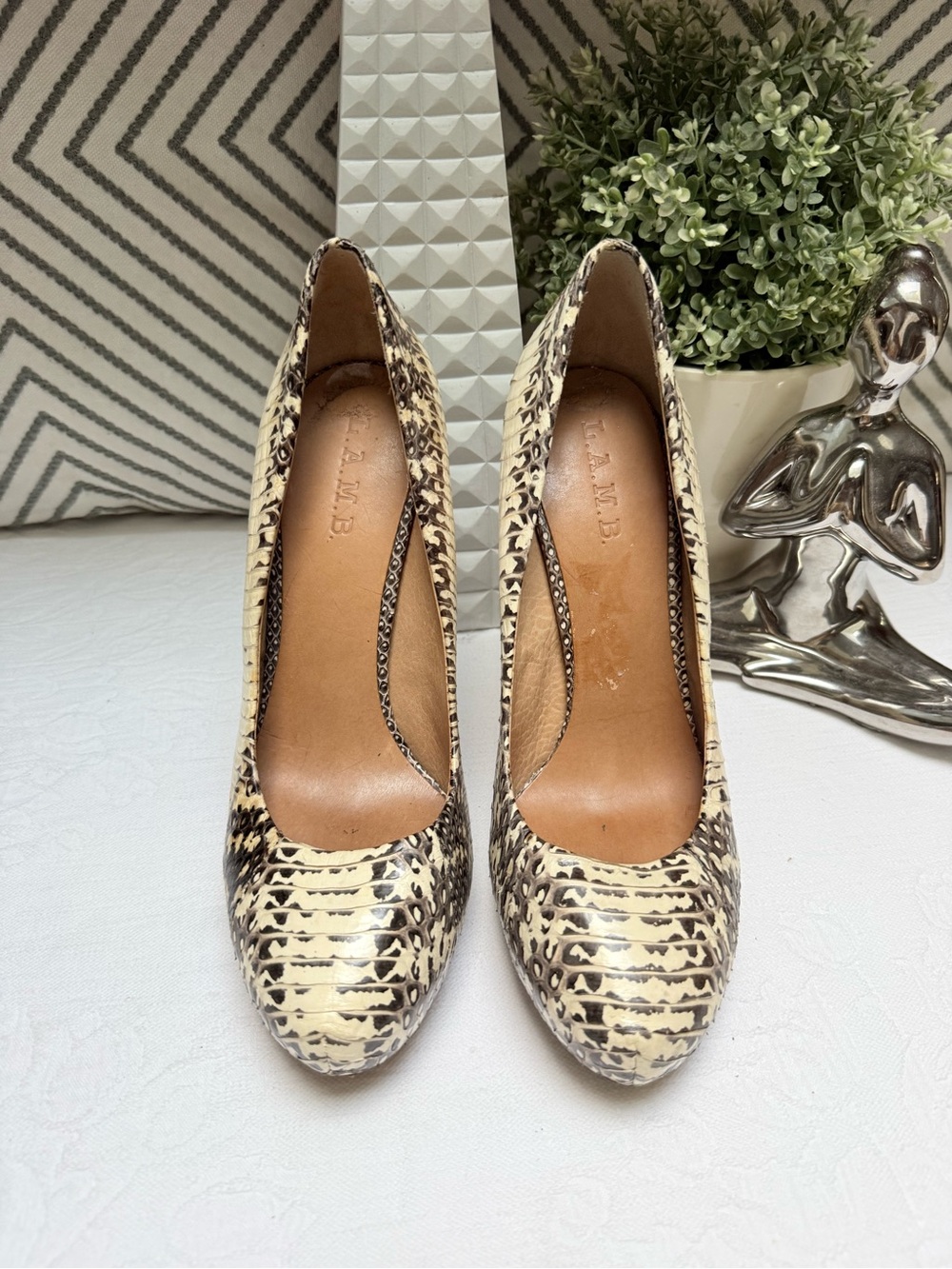 L.A.M.B. Cream and Black Snake-Print Pumps